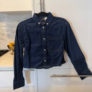 Cropped denim button-down shirt